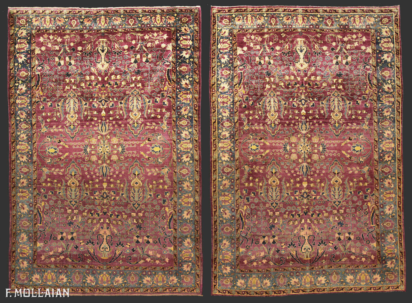 Antique Persian Kashan Silk, A Pair of Purple All-over floral Rugs n°:15489699-98305814